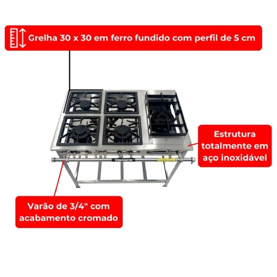 Fogão Industrial 5 Bocas 2 Duplas 2 Simples 1 Alto Rendimento Extra Inox Venâncio