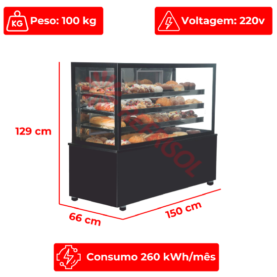 Vitrine Expositora Seca 1,50 m Linha Suprema 220v VF-103 S Frilux