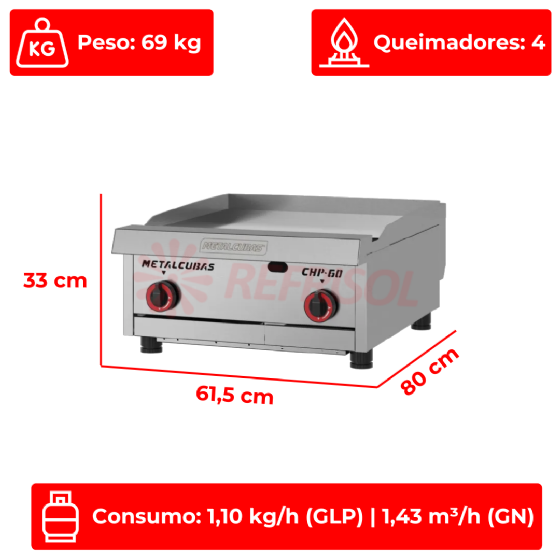Chapa Premium a Gás Profissional CHP 60 Metalcubas