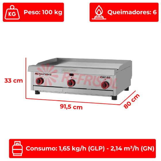 Chapa Premium a Gás Profissional CHP 90 Metalcubas