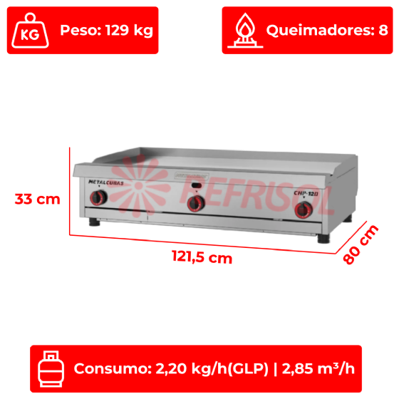 Chapa Premium a Gás Profissional CHP 120 Metalcubas