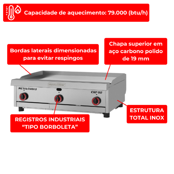 Chapa Premium a Gás Profissional CHP 90 Metalcubas