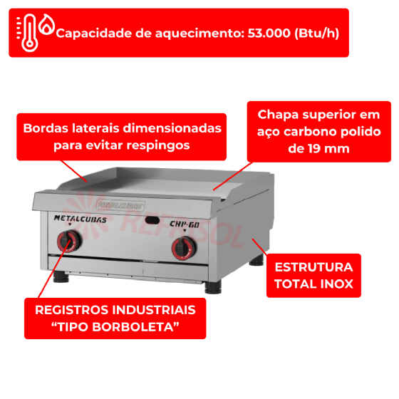 Chapa Premium a Gás Profissional CHP 60 Metalcubas