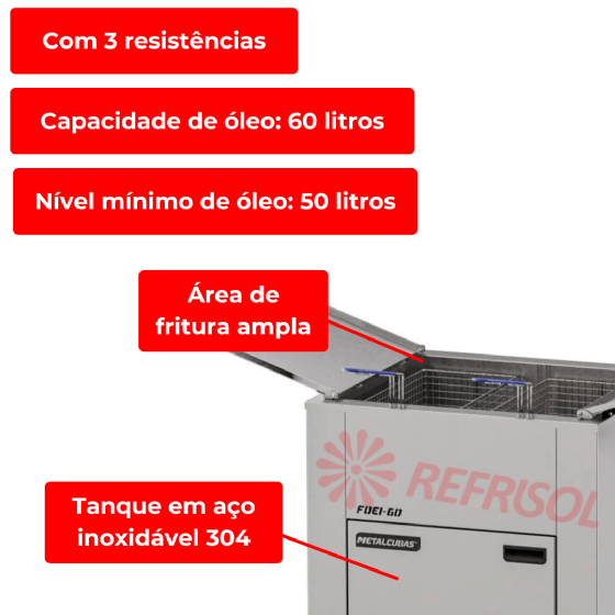 Fritadeira Elétrica 3 Cestos 60 Litros Zona Fria de Óleo FOEI 60 Trifásico 220v Metalcubas