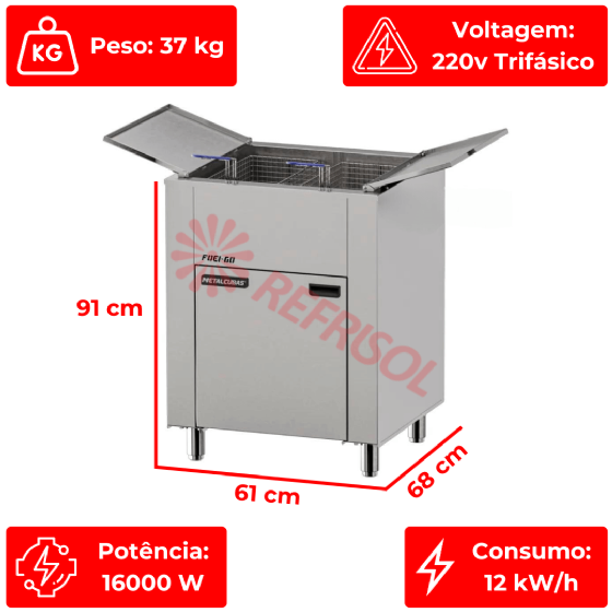 Fritadeira Elétrica 3 Cestos 60 Litros Zona Fria de Óleo FOEI 60 Trifásico 220v Metalcubas