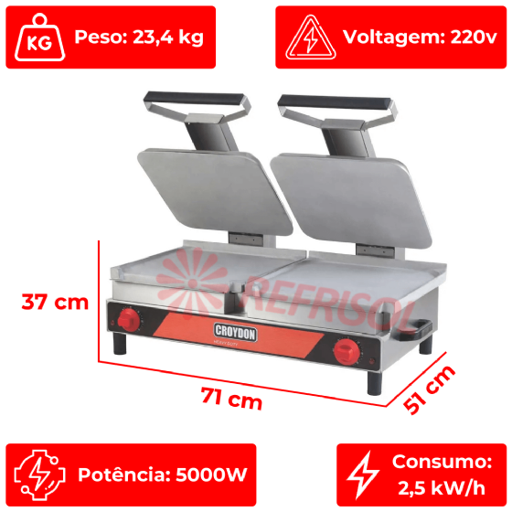 Chapa Sanduicheira Elétrica Média Dupla Lisa SADL 220v Croydon
