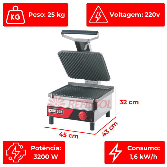 Chapa Sanduicheira Estriada Elétrica Ferro Fundido SFSE 220v Croydon
