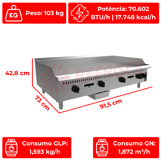 Chapa a Gás Manual 90cm Mesa Prime PCM090G-ME Venâncio