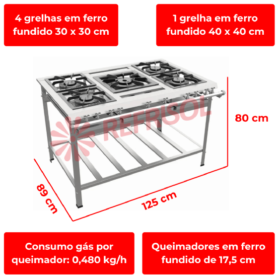 Fogão Industrial 5 Bocas Aço Inox ACFI-3005 Baixa Pressão Araceba