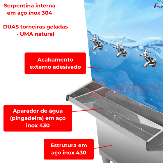 Bebedouro Industrial de Coluna 2 Geladas 1 Natural Inox 100 Litros Adesivado 110v Frisbel