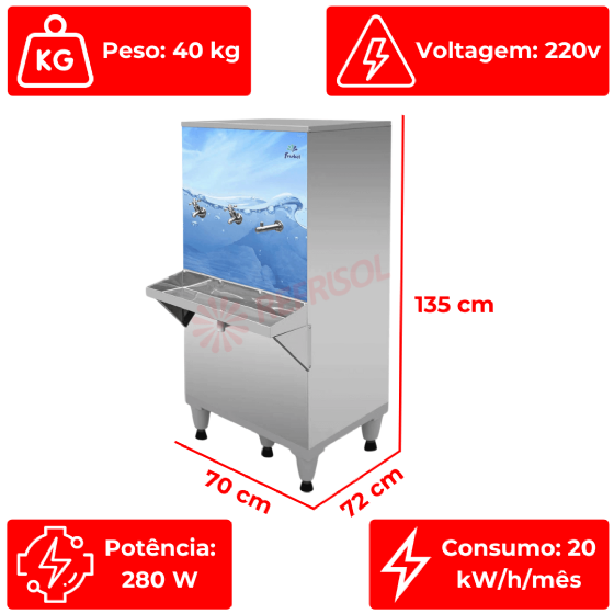 Bebedouro Industrial de Coluna 2 Torneiras 1 Jato Inox 100 Litros Adesivado 220v Frisbel