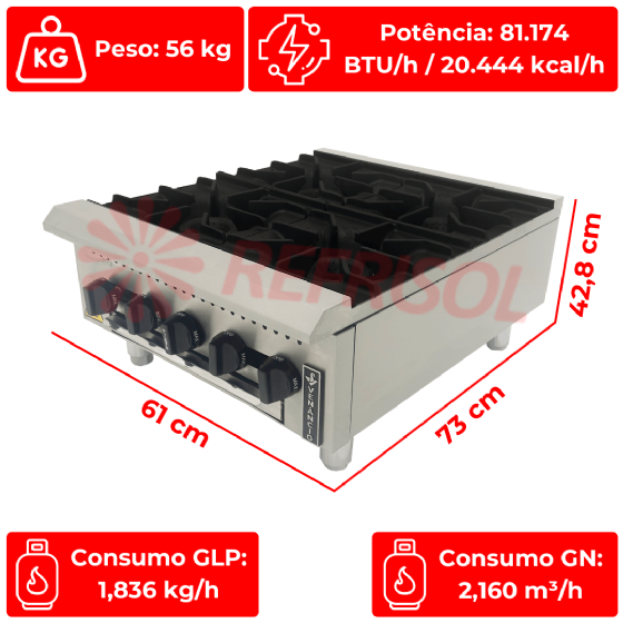 Fogão Industrial de Mesa a Gás 4 Bocas PFI04G-ME Venâncio