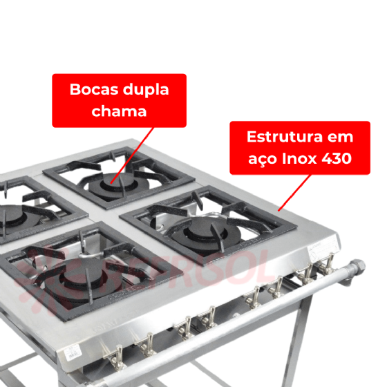 Fogão Industrial 4 Bocas Duplas Aço Inox ACFI-3004 Baixa Pressão Araceba