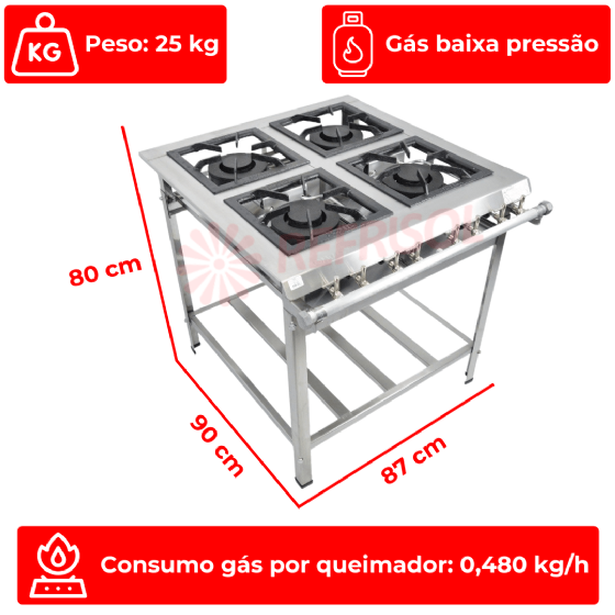 Fogão Industrial 4 Bocas Duplas Aço Inox ACFI-3004 Baixa Pressão Araceba