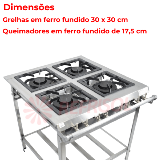 Fogão Industrial 4 Bocas Duplas Aço Inox ACFI-3004 Baixa Pressão Araceba