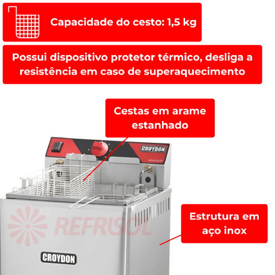 Fritadeira Elétrica Zona Fria de Óleo 15 Litros 5000 W FZ25 Pedestal 220v Croydon
