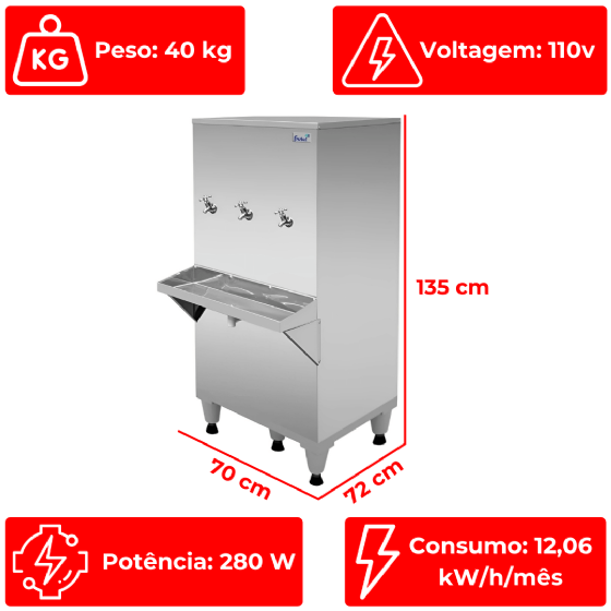 Bebedouro Industrial de Coluna 3 Torneiras Geladas 100 Litros Inox 110v Frisbel