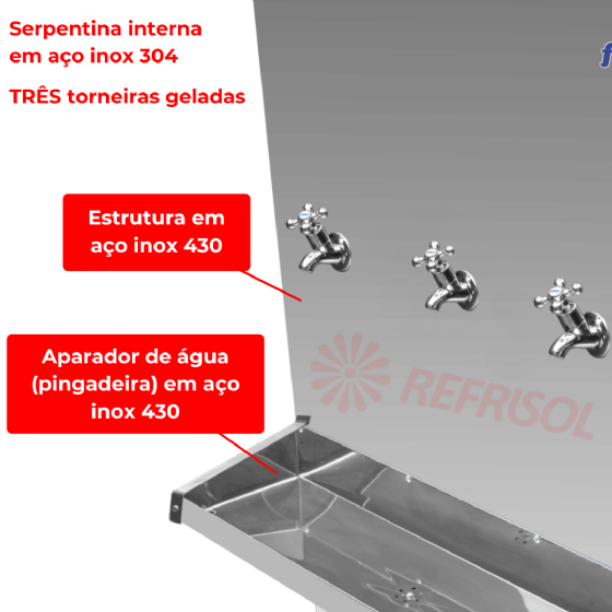 Bebedouro Industrial de Coluna 3 Torneiras Geladas 100 Litros Inox 110v Frisbel