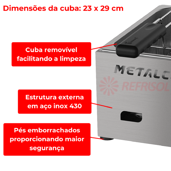 Fritadeira a Gás Baixa Pressão 1 Cuba 3 Litros FRCG 3 Inox Metalcubas