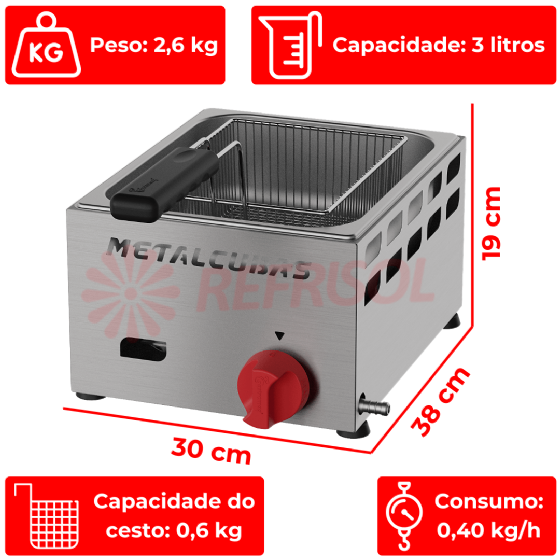 Fritadeira a Gás Baixa Pressão 1 Cuba 3 Litros FRCG 3 Inox Metalcubas