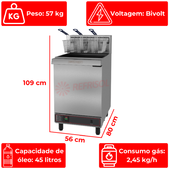 Fritadeira a Gás Industrial 45 Litros Zona Fria de Óleo FOG 3 C Bivolt Metalcubas