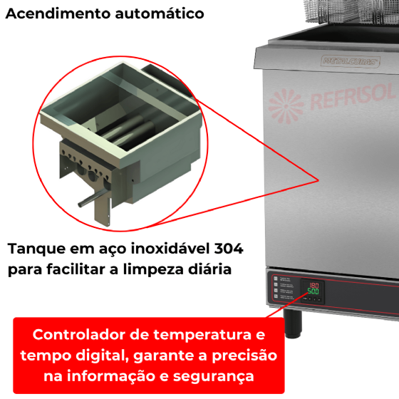 Fritadeira a Gás Industrial 45 Litros Zona Fria de Óleo FOG 3 C Bivolt Metalcubas