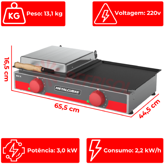 Grill Elétrico 70 cm Com Prensa MGE 70 220v Metalcubas