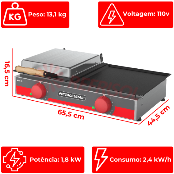 Grill Elétrico 70 cm Com Prensa MGE 70 110v Metalcubas
