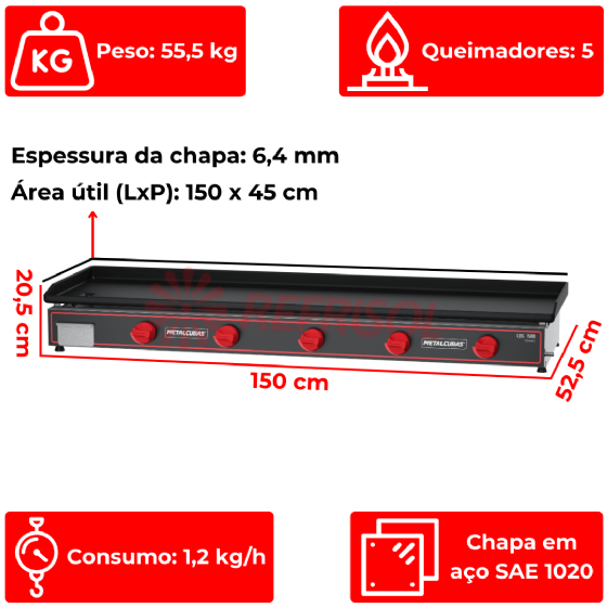 Chapa Bifeteira a Gás Compacta 150x45 CBG 1500 C Metalcubas