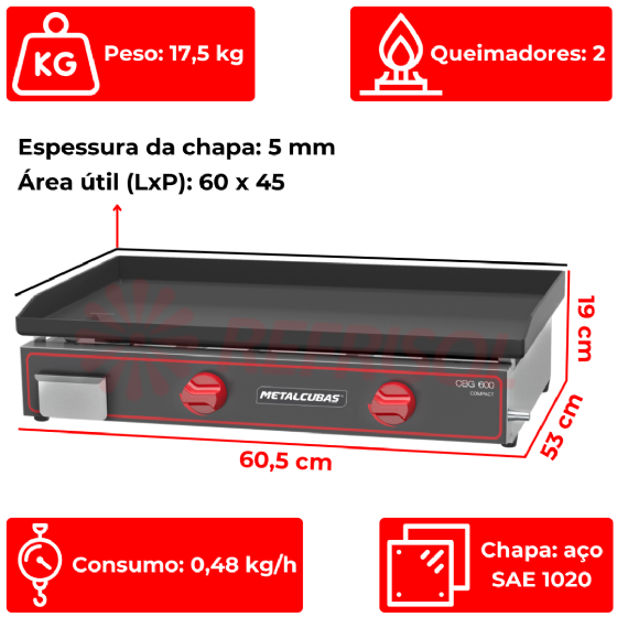 Chapa Bifeteira a Gás Compacta 60x45 CBG 600 C Metalcubas