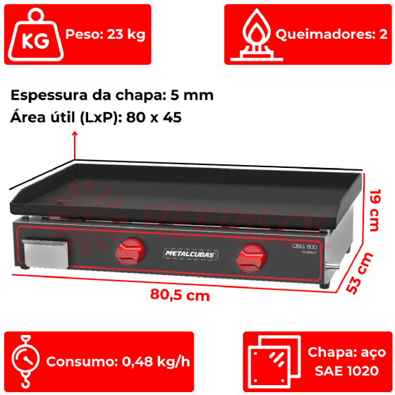 Chapa Bifeteira a Gás Compacta 80x45 CBG 800 C Metalcubas