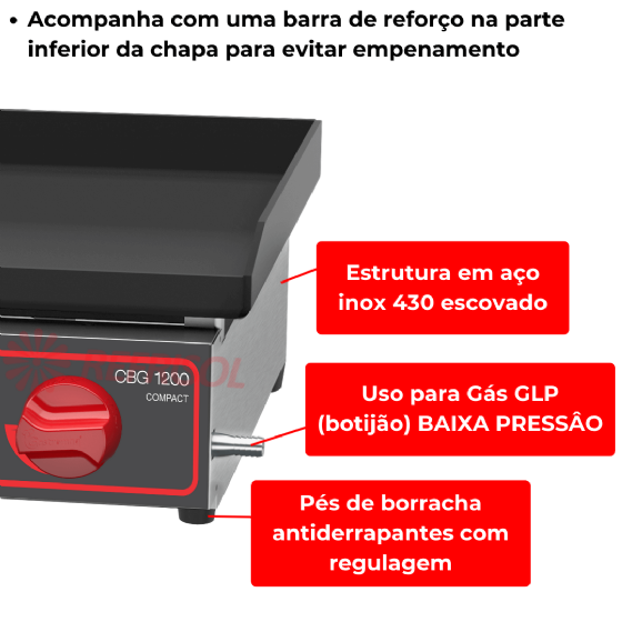 Chapa Bifeteira a Gás Compacta 120x45 CBG 1200 C Metalcubas