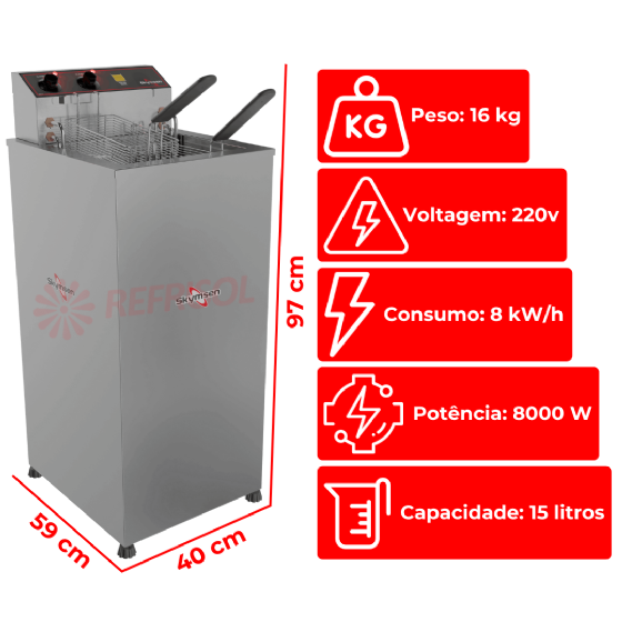 Fritadeira Elétrica Zona Fria de Óleo Pedestal 15 Litros 8000 W FZP8 220v Skymsen