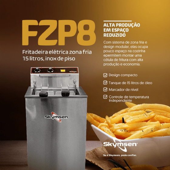 Fritadeira Elétrica Zona Fria de Óleo Pedestal 15 Litros 8000 W FZP8 220v Skymsen
