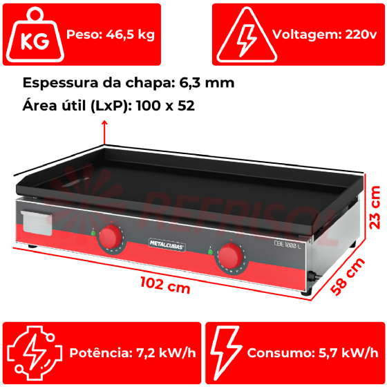 Chapa Bifeteira Elétrica 100 cm CBE 1000 L 220v Metalcubas