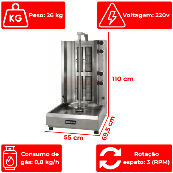 Assador Churrasco Grego Elétrico 4 Queimadores 220v Metvisa