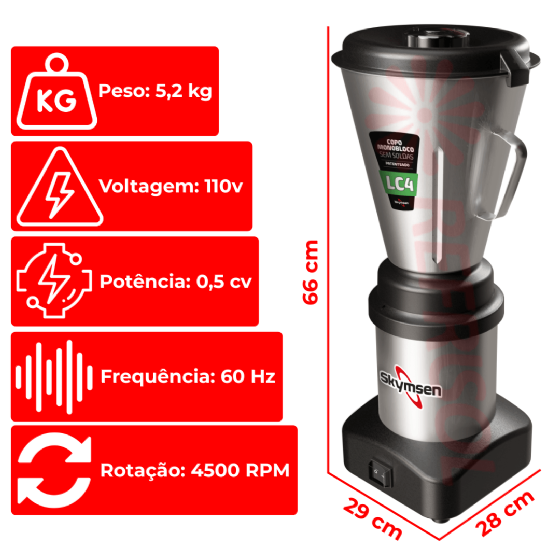 Liquidificador Comercial 04 Litros LC 04 Baixa Rotação 110v Skymsen