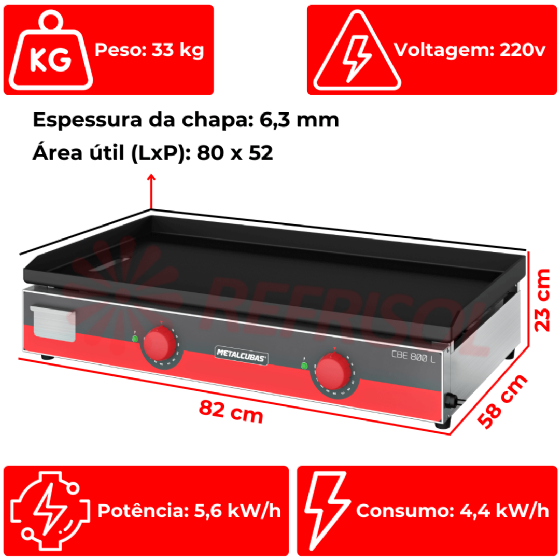 Chapa Bifeteira Elétrica 80 cm CBE 800 L 220v Metalcubas