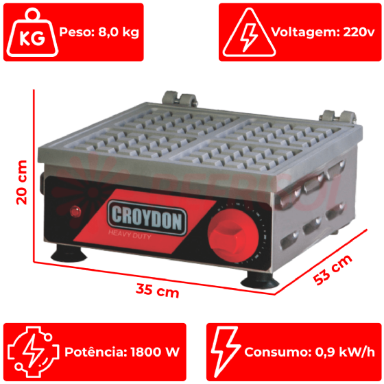 Máquina de Waffle Quadrada Simples Waffleira MWQS 220v Croydon