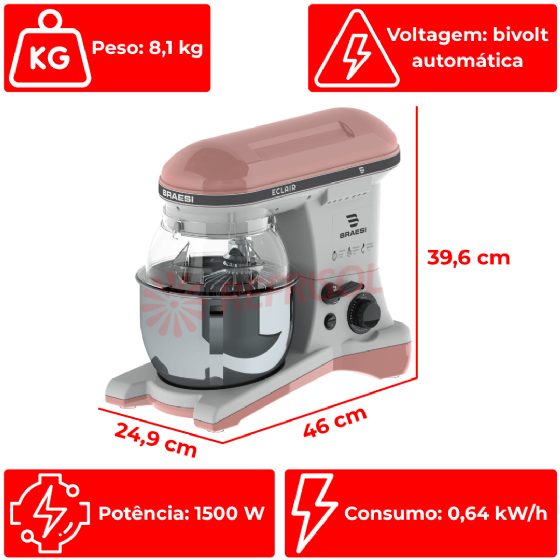 Batedeira Planetária Eclair BP-500 Rosa Bivolt Braesi