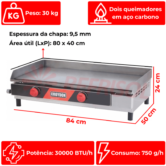 Chapa Churrasqueira Profissional à Gás 80 cm FG08 Croydon