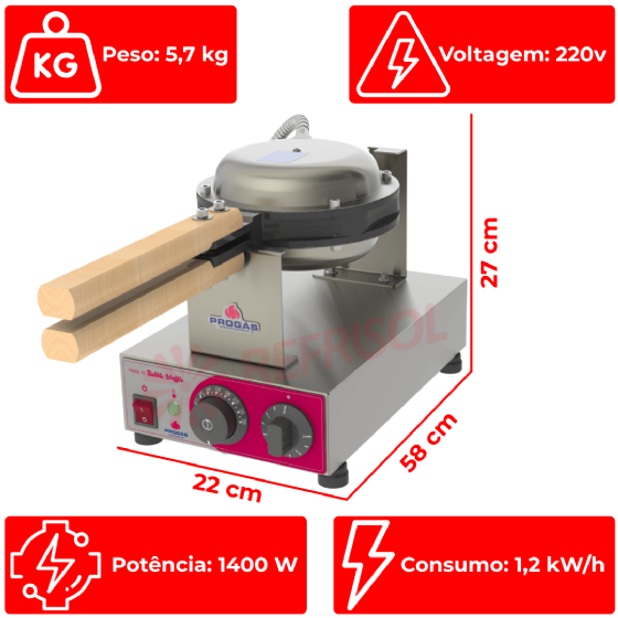 Máquina Industrial Bubble Waffle Formato Coração PRKB-10 220v Progás