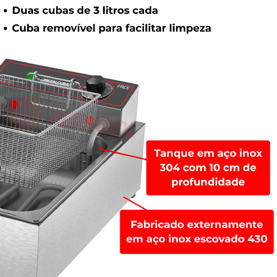 Fritadeira Elétrica 2 Cubas Óleo 06 litros FRCE 06 220v Metalcubas