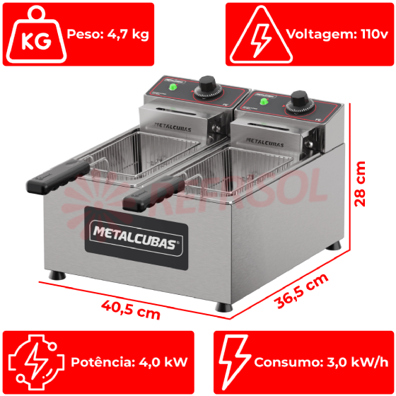 Fritadeira Elétrica Profissional Metalcubas FE 2 C - 2 Cubas 3L (Total 6L) - 127V Linha Industrial