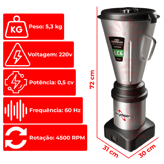 Liquidificador Comercial 06 Litros LC 06 Baixa Rotação 220v Skymsen