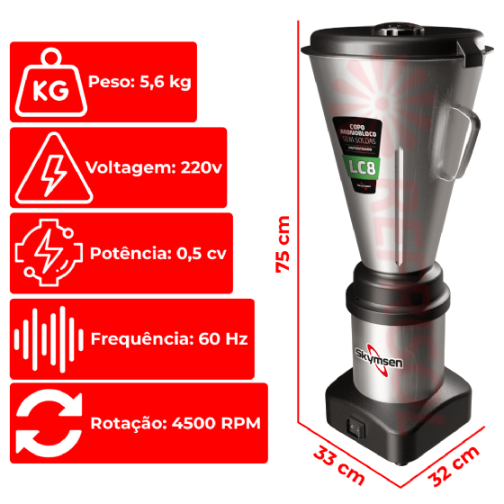 Liquidificador Comercial 8 Litros LC8 Baixa Rotação 220v Skymsen