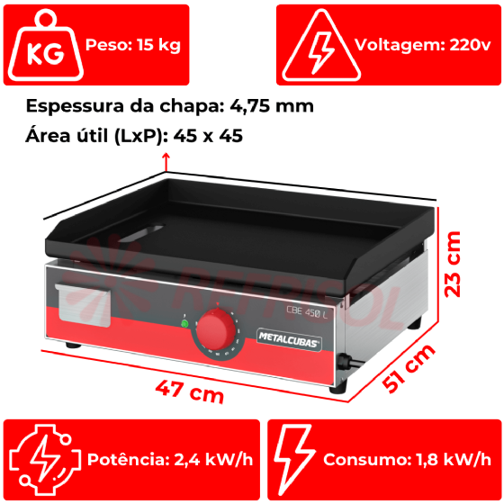 Chapa Bifeteira Elétrica 45 cm CBE 450 L 220v Metalcubas