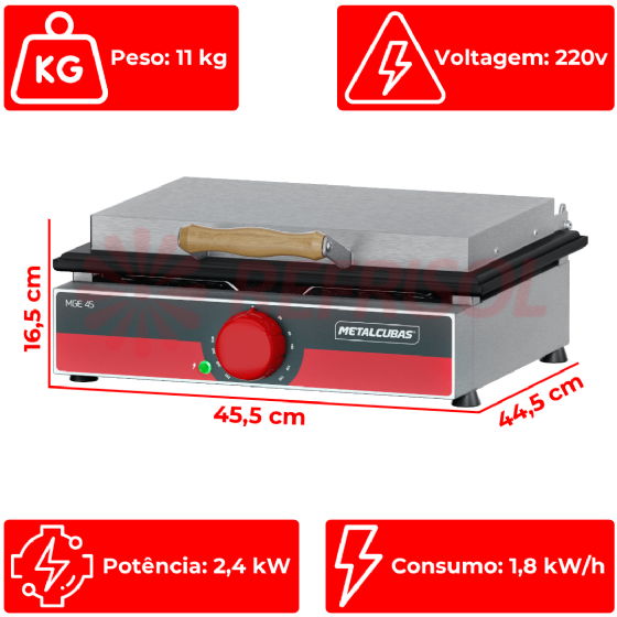 Grill Elétrico 45 cm Com Prensa MGE 45 220v Metalcubas