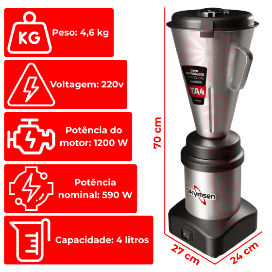 Liquidificador Comercial 4 Litros Alta Rotação TA 4-MB-N 220v Skymsen