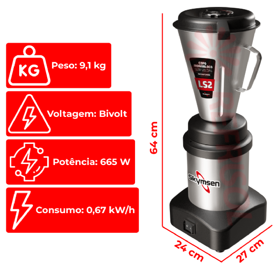 Liquidificador Comercial 02 Litros LS 02 Baixa Rotação Bivolt Skymsen